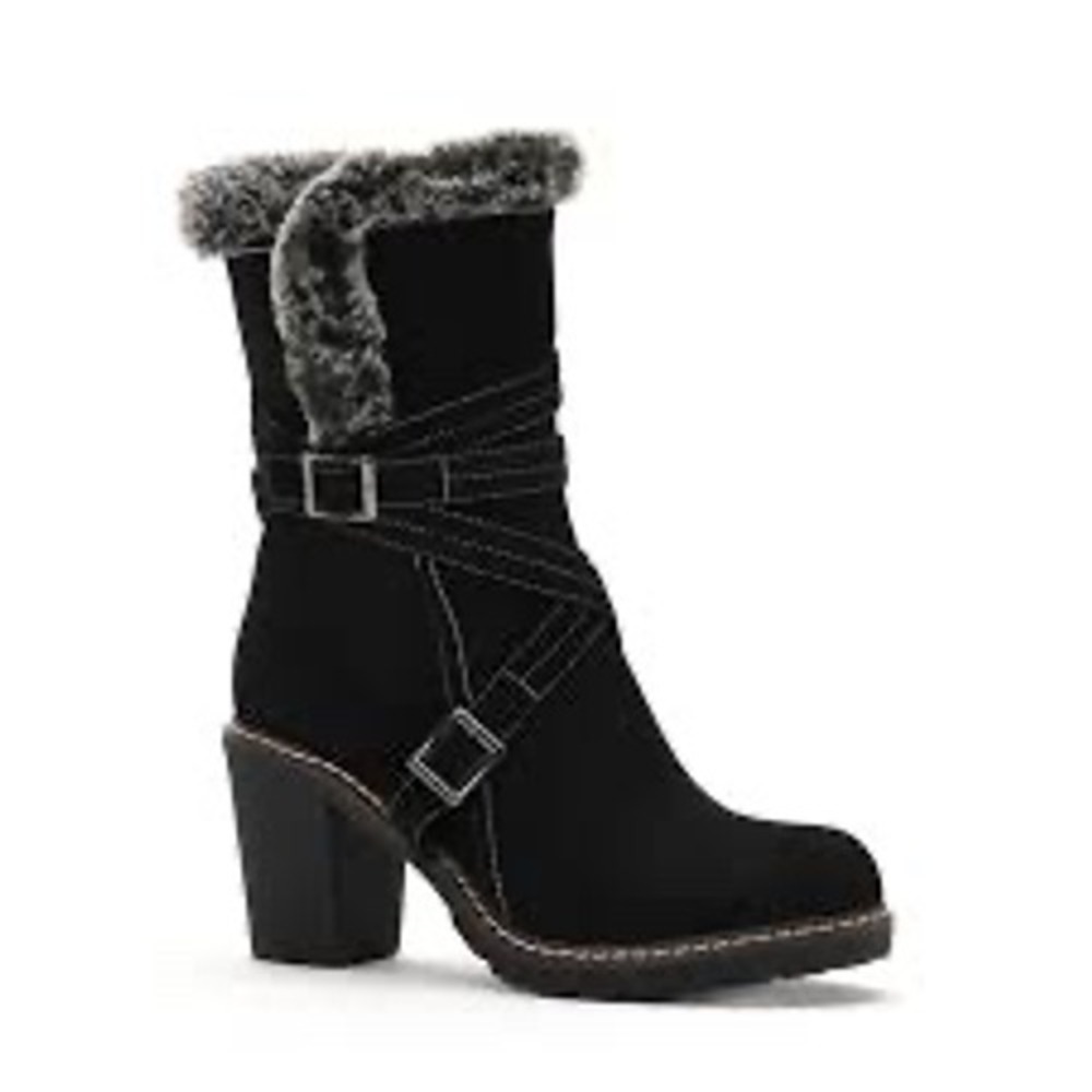 Corky's Cottage Black Faux‎ Suede Fur Trim Buckle Mid-Calf Boots Block Heel  7
